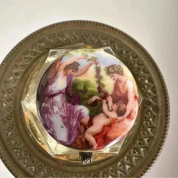 Rare Signed Antique Angelica Kauffman Inkwell Glass Jar on Brass Tray - Picture 2 of 13